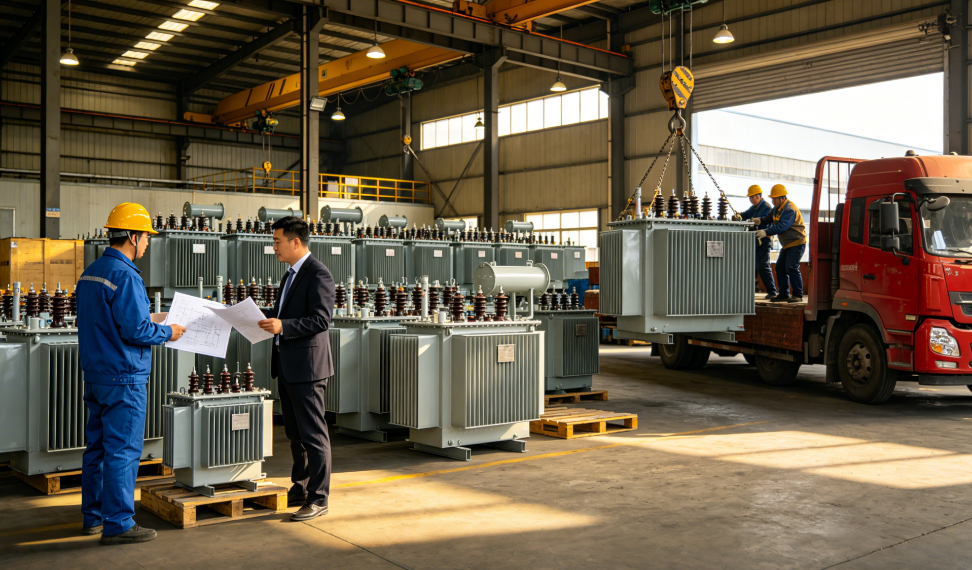 油浸式变压器产品图生成 (3).pngTransformer production workshop with finished units ready for shipment and quality inspection