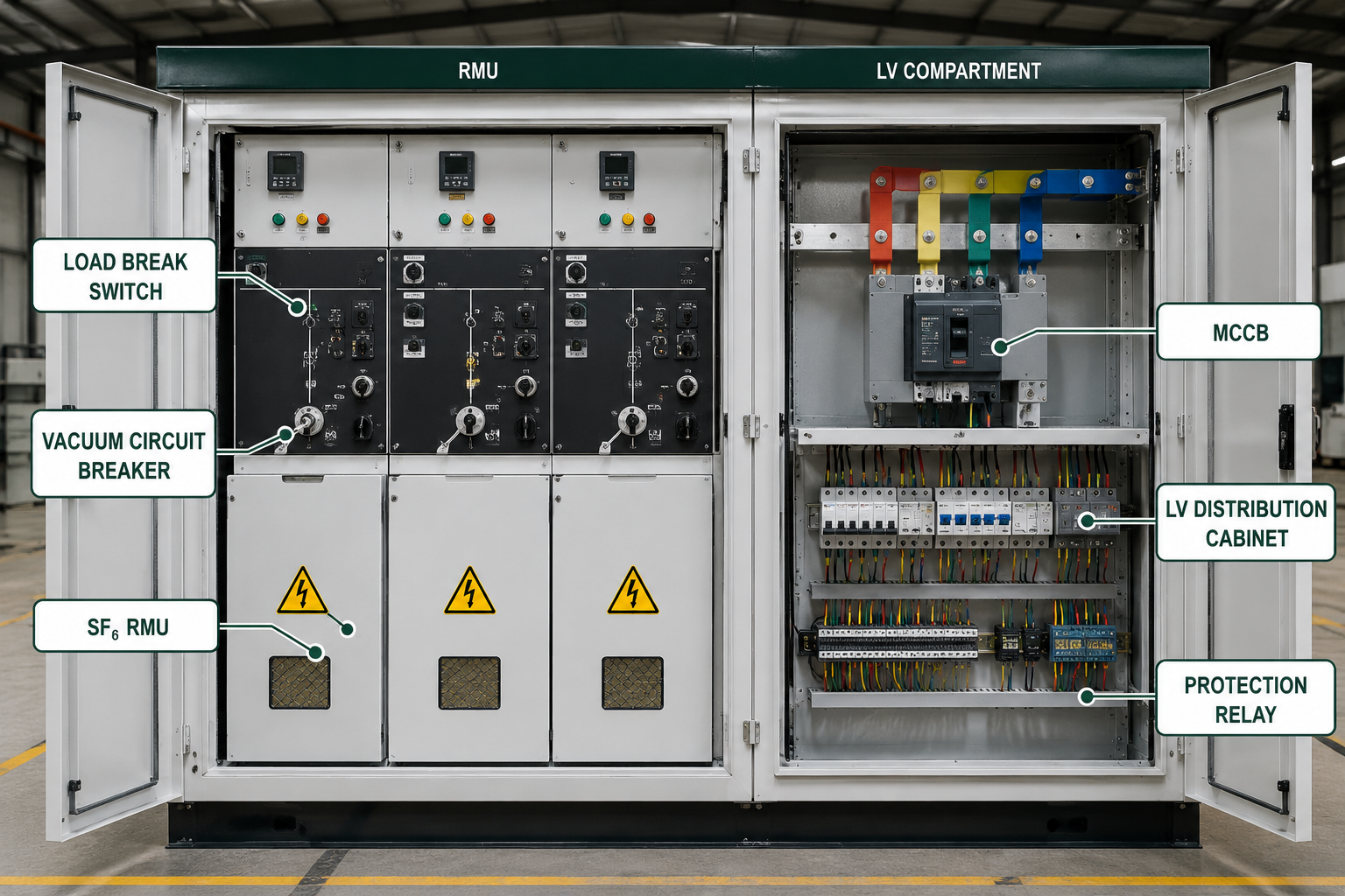RMU switchgear and LV compartment inside compact substation