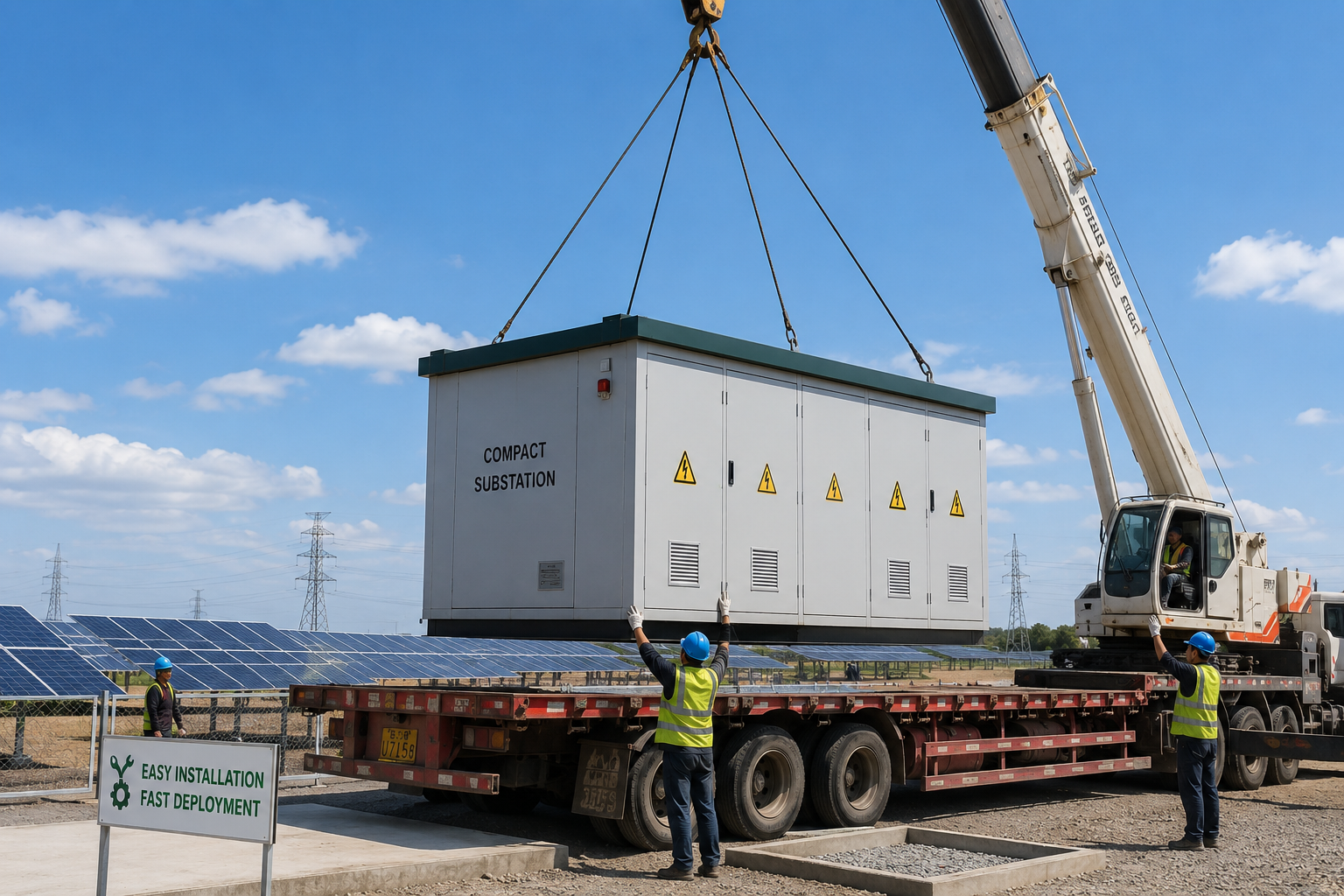 crane lifting compact substation at solar power site