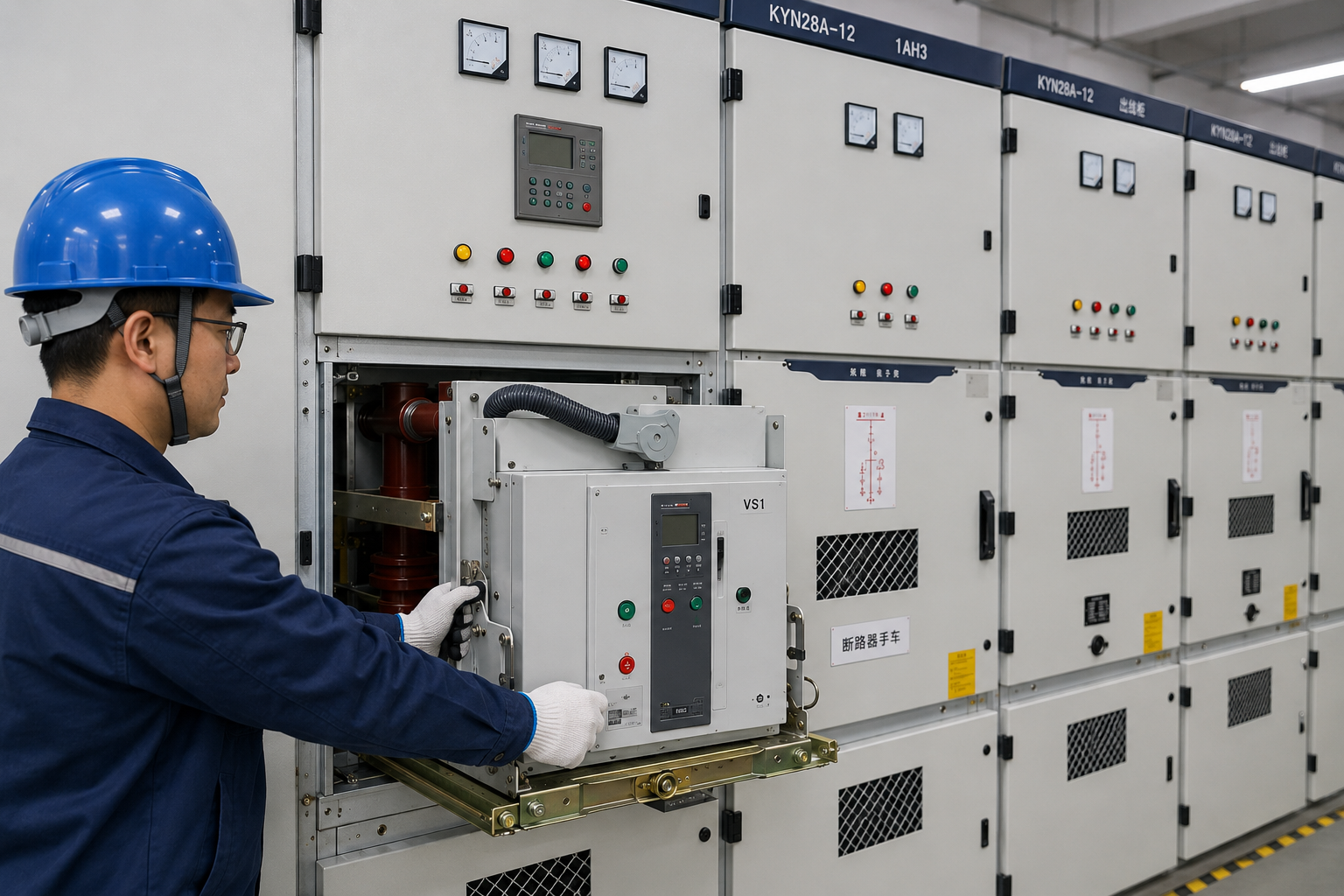 Engineer operating KYN28 withdrawable switchgear